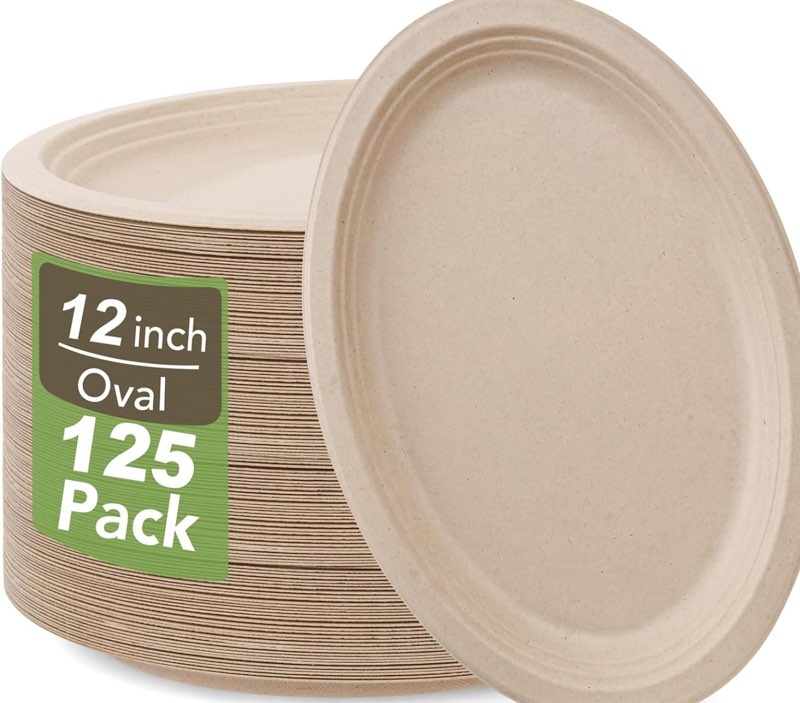 wellife 100% compostable oval paper plates 12 inch, 125-pack heavy duty paper plates bulk,biodegradable bagasse,eco-friendly disposable dinner plate for bbq,picnic,party (bpi certified,microwaveable)
