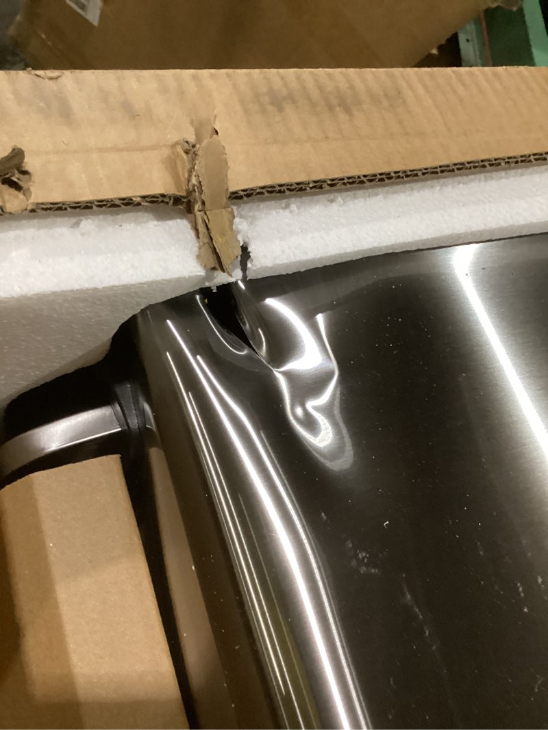 Condition photo showing As Is for songmics trash can, 13-gallon gabbage can, with 15 trash bags, stainless steel, with soft-close lid, removable inner bucket, handles, silver ultb595e01 stainless steel trash can silver, not exact, similar to stock photo