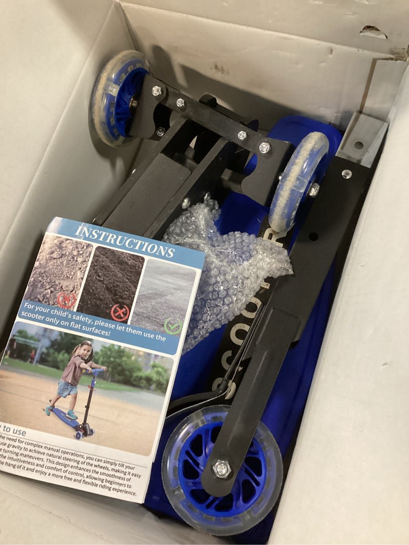 Condition photo showing As Is for kick scooters for kids 5-7 8-12,lean to steer,three wheeled light up,28"-32" adjustable handlebar,widen anti-slip deck,floor push scooter for boys girls ages 6-12 3-4 old,foldable for travel blue