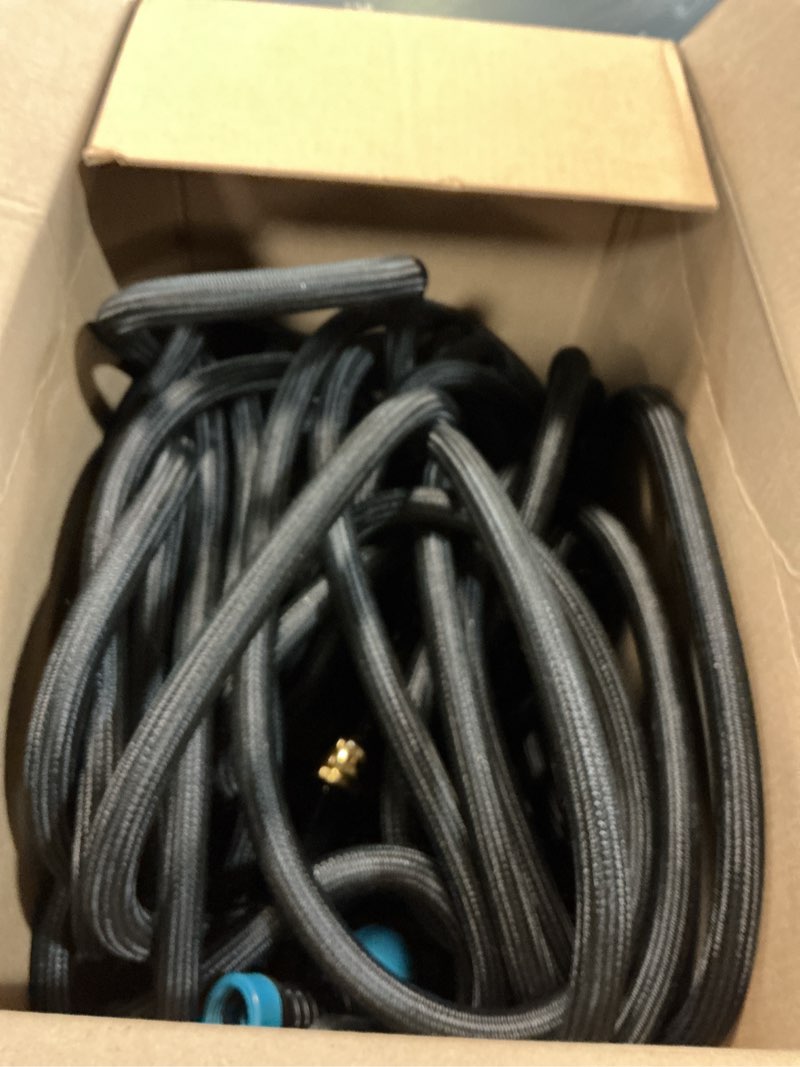 Condition photo showing As Is for garden hose 100ft non-expanding, lightweight hose with 10-function nozzle, leak-proof, no-knot, easy to carry, wear-resistant, sturdy 3/4ght flexible water hose for yard garden outdoor black 100ft
