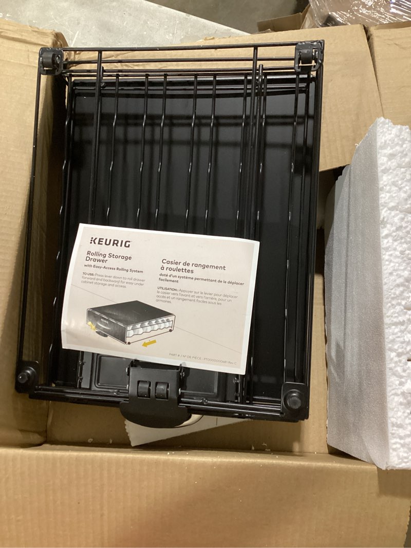 Condition photo showing Good Condition for possibly incomplete hardware.. keurig slim non-rolling storage drawer, coffee pod storage, holds up to 24 keurig k-cup pods, black, storage drawer - 24ct, 9.2 x 3.3 x 12.2 inches