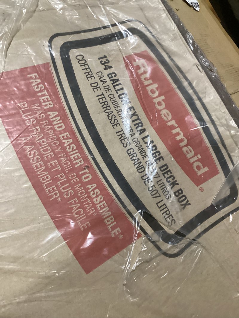 Condition photo showing New/Like New for Rubbermaid Extra Large Resin Outdoor Storage Deck Box (134 Gal), Weather Resistant, Brown, Deck Organization for Home/Backyard/Pool Chemicals/Toys/Garden Tools/Porch/Patio Cushions Extra Large Brown