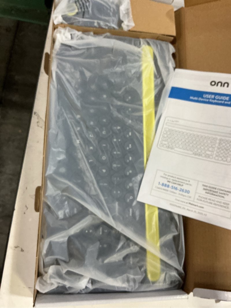 Condition photo showing New/Like New for onn multi-device wireless full-size keyboard and 3-button mouse set, gray & yellow
