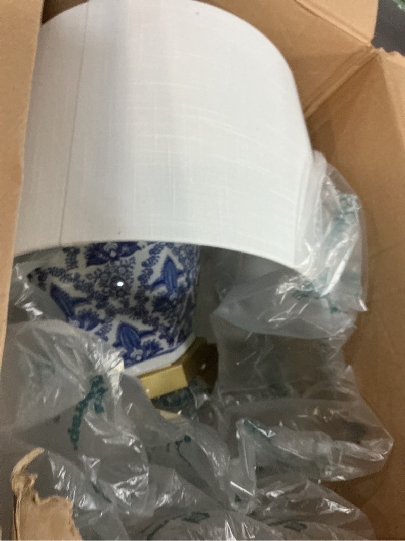 Condition photo showing New/Like New for jonathan y 25" blue/white classic traditional ginger jar ceramic led table lamp, chinoiserie table lamp for living room bedroom, gold base, white linen shade, led bulb included jyl3051a