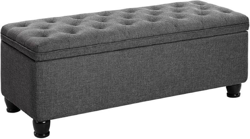 songmics storage ottoman, storage bench, tufted entryway bedroom bench, 17.7 x 46.5 x 17.7 inches, hinges easy lid operation, wooden legs, linen-look cover, loads 330 lb, dark gray ulom070g01