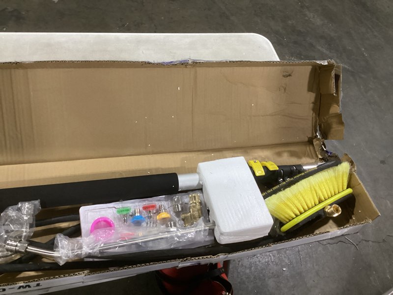 Condition photo showing As Is for janz 24 ft pressure washer telescoping wand with power washer extension wands, brush head, gutter cleaner, 7 spray nozzle tips, 2 hose adapters and support belt tw-004