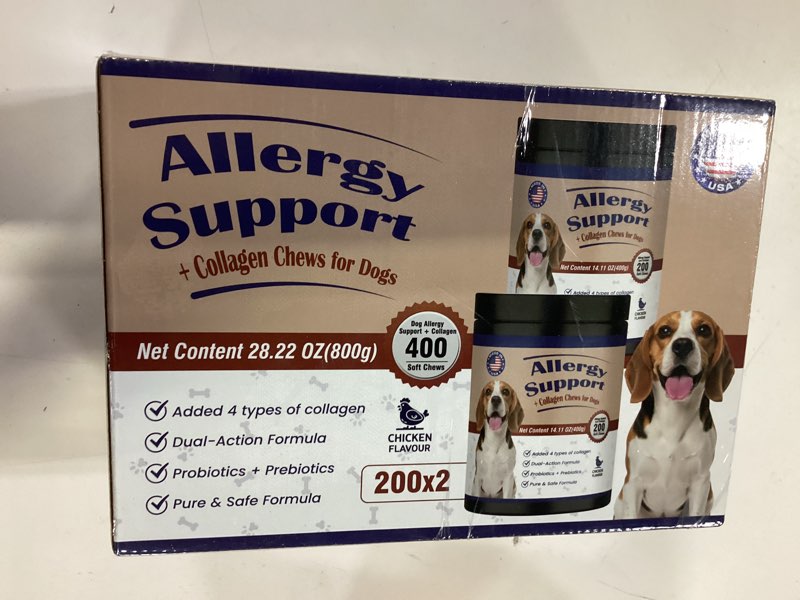 Condition photo showing New/Like New for pet allergy relief chews 400pcs with natural collagen drops dual formula for itch relief skin joint health coat care infused with colostrum probiotics tasty bites for all dogs cats daily consumption