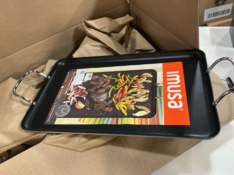 Condition photo showing New/Like New for imusa double burner griddle non-stick 20-inch, black 20" x12" nonstick