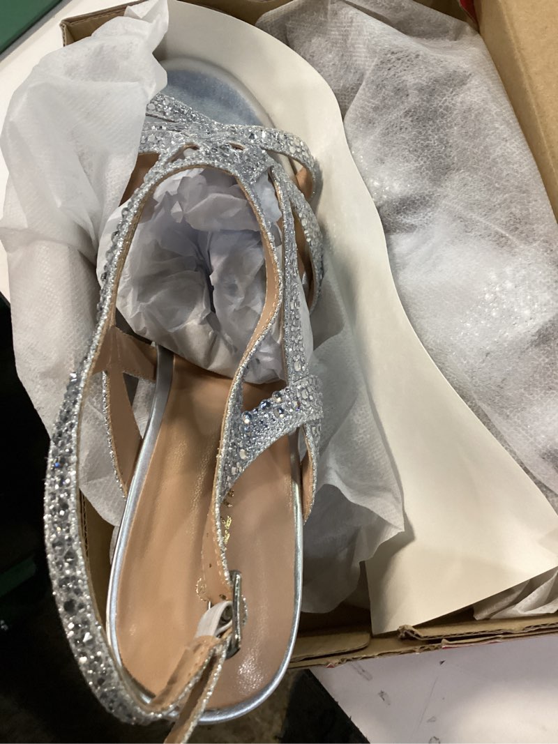 Condition photo showing New/Like New for pizz annu women's amelia heels sandals sparkle crystal open toe slingback high heel sandals dress pumps shoes for party wedding 9 wide silver