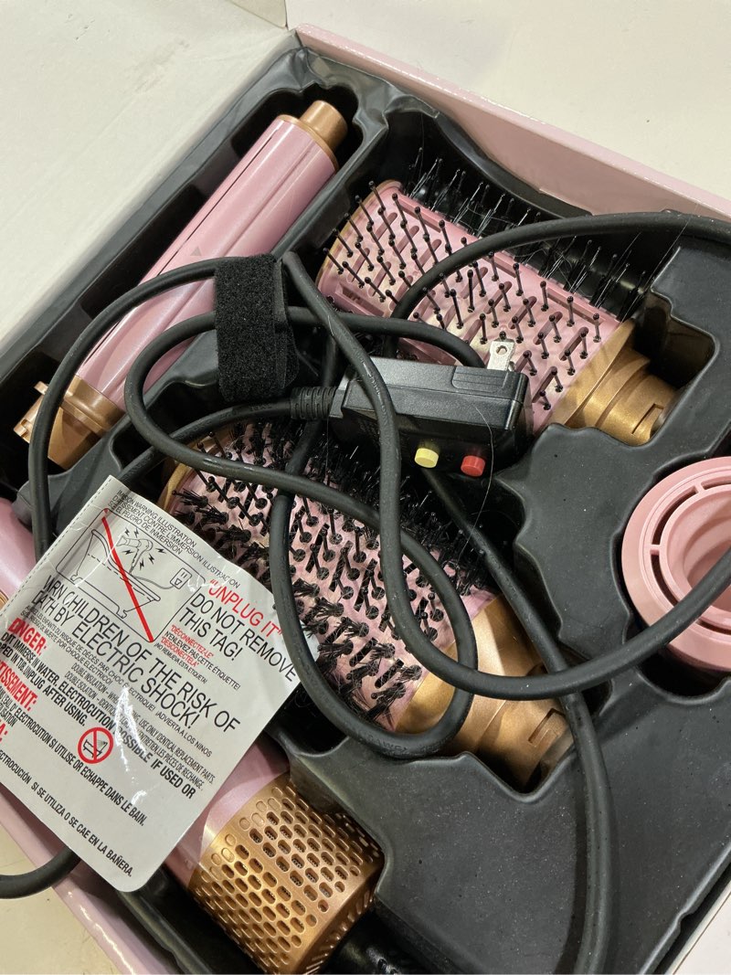 Condition photo showing As Is for 5 in 1 blow dryer brush set, upgrade hair dryer & blow dryer brush & air curling wrap & paddle brush, detachable hot air brush styling tools, high speed travel hair volumizer straightener curler pink
