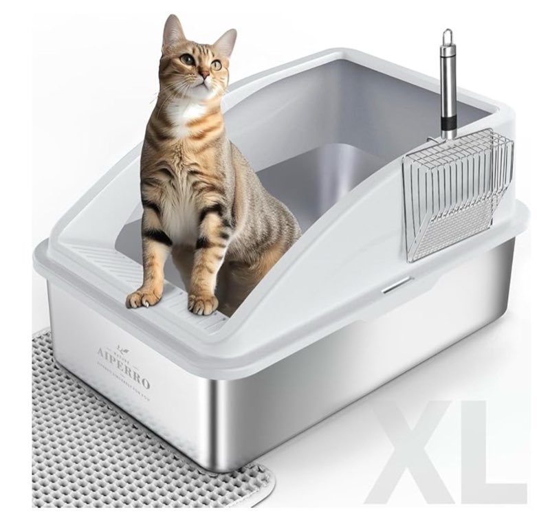 (similar to stock photo) stainless steel litter box | metal kitty litter box with lid high sided for small cats or injured cats, bunny litter boxes, low entry, odor-free, non-stick,includes scoop