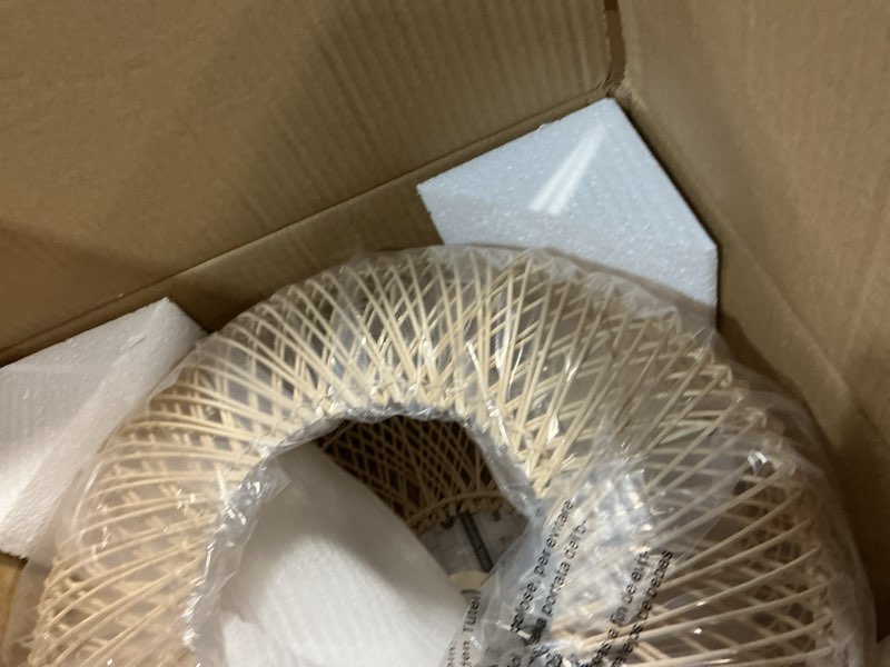 Condition photo showing Good Condition for Hand-Woven Rattan Drum Pendant Light, 16in Boho Wicker Chandelier Hanging Lighting Fixture Coastal Pendant Lights for Dining Room Kitchen Island Living Room Bedroom Foyer Entrance Rattan(16x8.3in)