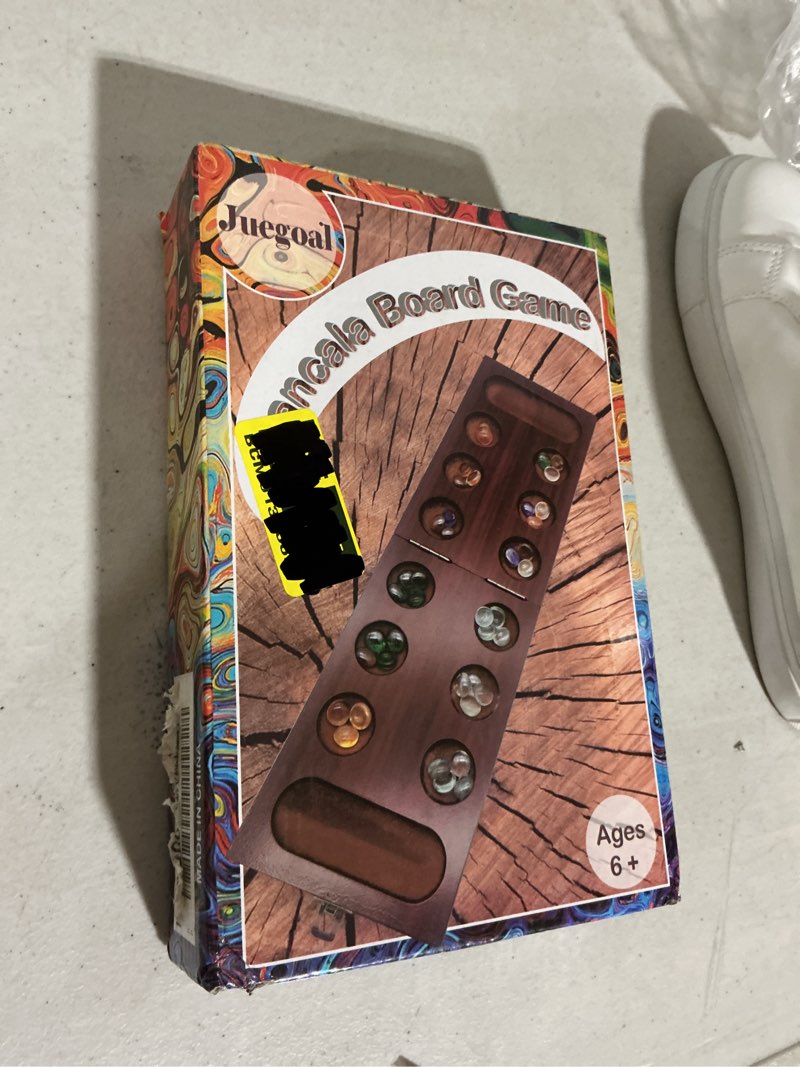 Condition photo showing New/Like New for juegoal mancala wood board game with glass beads for adult families kids 6 years old and up, folding travel size