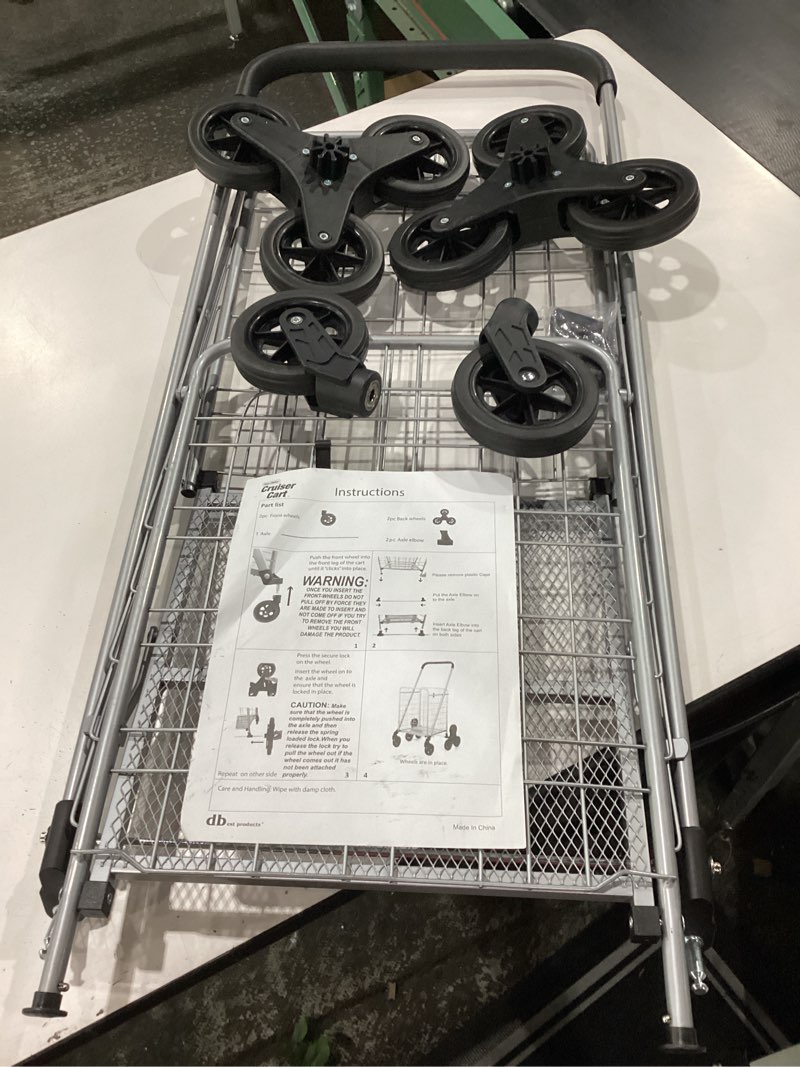 Condition photo showing New/Like New for dbest products stair climber cruiser cart shopping grocery rolling folding laundry basket on wheels foldable utility trolley compact lightweight collapsible, silver