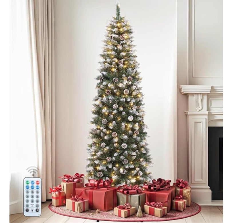 DWVO 7.5ft Pre-lit Artificial Christmas Tree, Slim Partial Snowy Pencil Kingswood Fir Christmas Trees with 68 Pine Cones, 1075 Branch Tips & 350 UL Listed Lights with Remote Control for Home Party