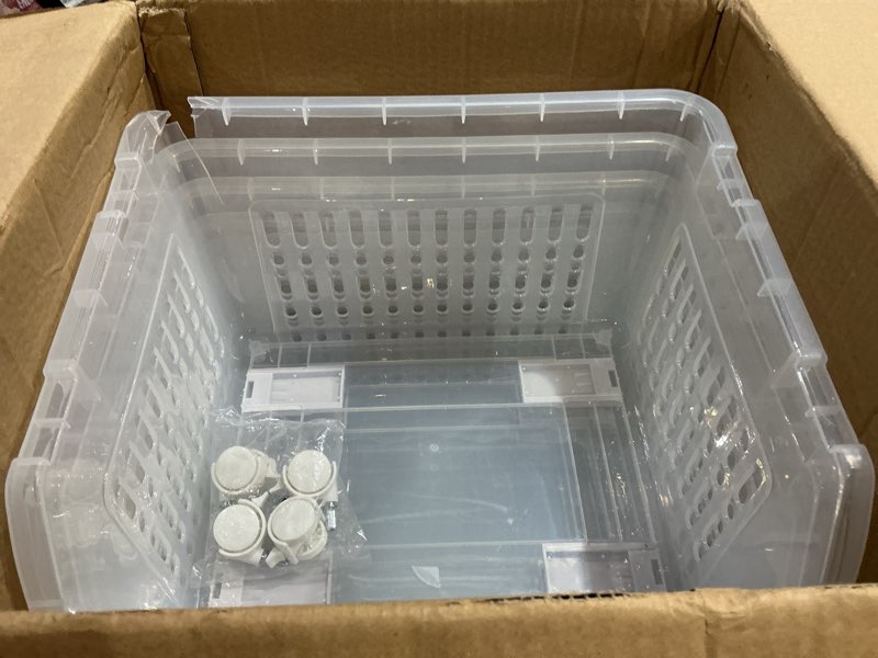Condition photo showing Good Condition for tidyfriend large stackable storage bins for closet organizers and storage with wheels 8 pack, closet organization for kids room and home organization (clear) 8 pack (large) clear