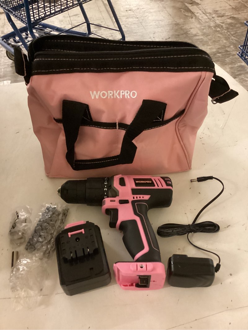 Condition photo showing New/Like New for workpro 20v pink cordless drill driver set, 3/8â€? keyless chuck, 2.0 ah li-ion battery, 1 hour fast charger and 11-inch storage bag included