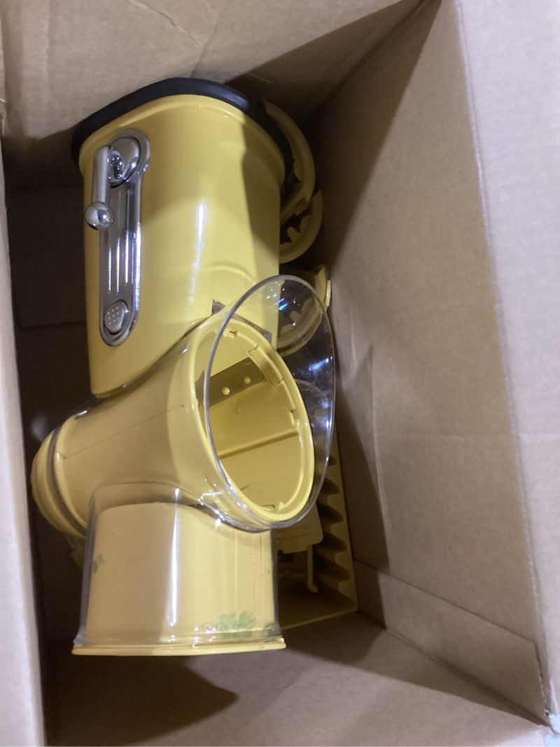 Condition photo showing As Is for SUSTEAS Rotary Cheese Grater with Handle - Vegetable Shredder with 5 Well-designed Blades & Strong Suction Base,Round Mandoline Slicer & Food Chopper for Kitchen,with Blade Storage Box(Yellow)