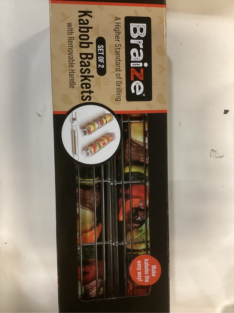 Condition photo showing New/Like New for Large Kabob Grilling Basket with Removable Handle. Stainless Steel construction with a Larger Capacity (12 x 2 x 2) and secure easy-latch lid. (2-Piece Kabob Basket Set)