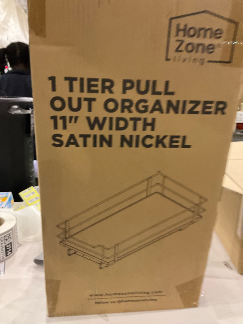 Condition photo showing New/Like New for Home Zone Living Pull Out Kitchen Cabinet Organizer with Slide Out Drawer for Space Saving Storage, 11”W x 21”L, Satin Nickel Light Brown Wood Finish 1 Tier | 11" Width Satin Nickel