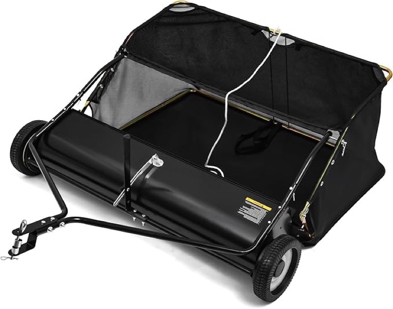 yitamotor 42" tow behind lawn sweeper leaf collector pull behind grass sweeper large hopper 12 cu.ft. with dumping rope design, adjustable sweeping height for picking up debris & grass