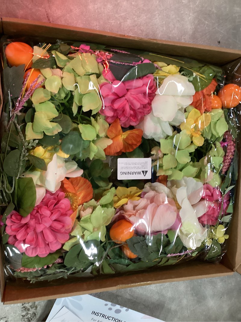 Condition photo showing As Is for pinkpuii 24 inch spring wreaths for front door- outdoor spring summer flower wreath with vibrant peony hydrangea flower, green eucalyptus leaves and orange berry- ideal for porch,mantel,home wall