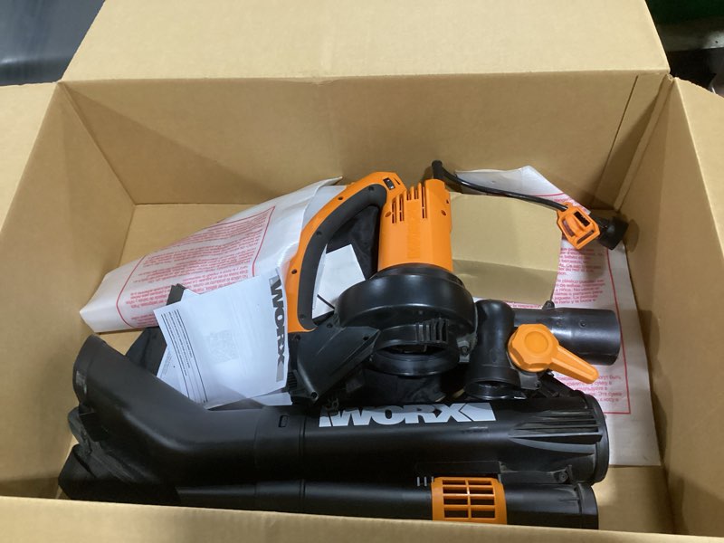 Condition photo showing Good Condition for worx trivac 3 in 1 electric leaf blower for lawn care, leaf vacuum with 350 cfm & 210 mph, leaf mulcher with metal impeller, wg509 350cfm blower/vac/mulcher