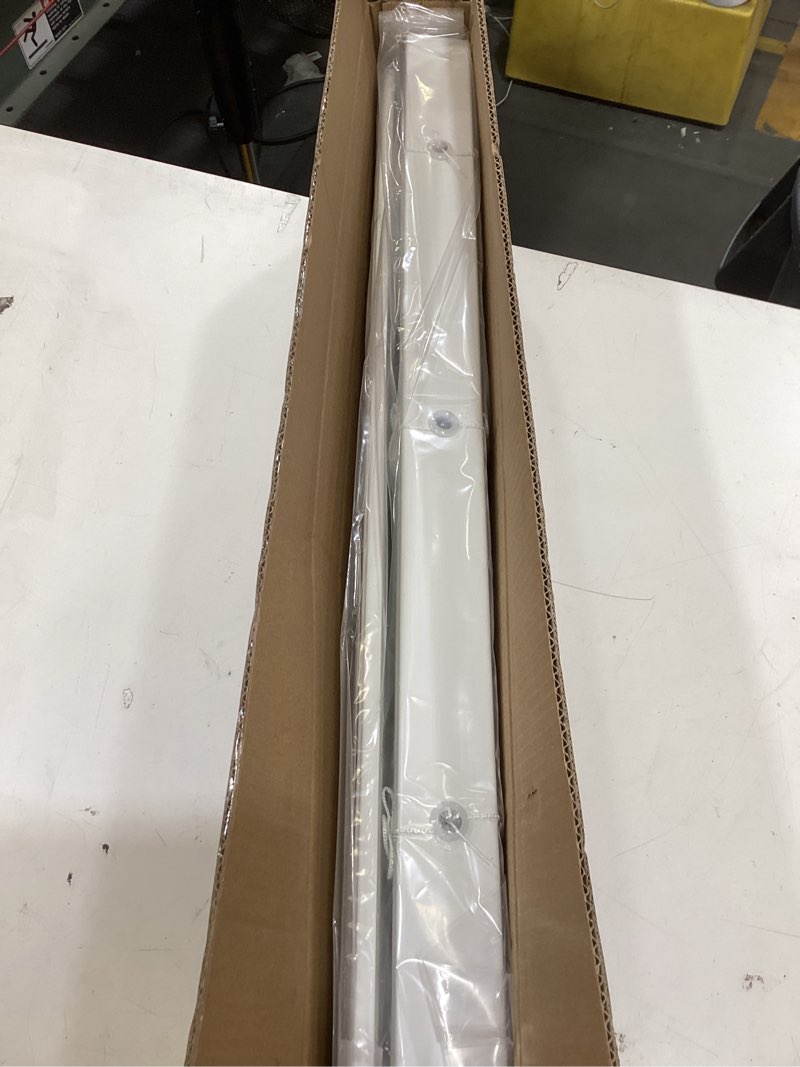 Condition photo showing New/Like New for cordless faux wood blinds 29" w x 48" h, 2 inch slat horizontal windows blinds with crown valance, room darkening blinds, white blinds for home interiors. 29"w x 48"h