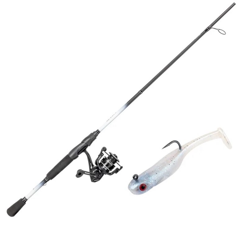 lew’s xfinity spinning reel and fishing rod combo, 6-foot 6-inch, 1-piece rod, size 200 reel, strike king homing minnow lure