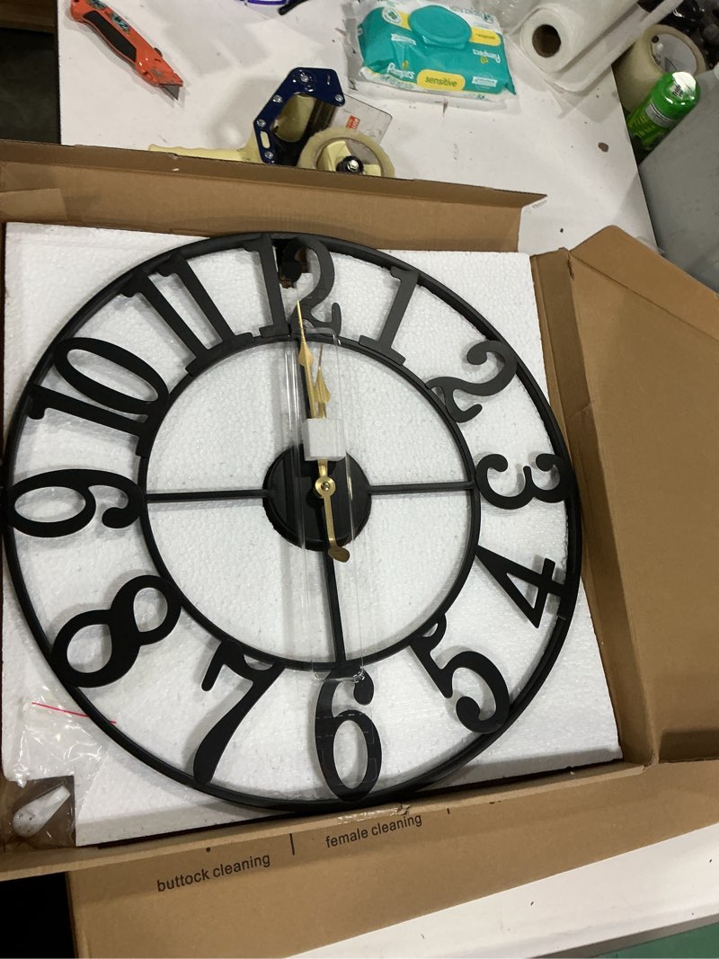 Condition photo showing Good Condition for 1st owned wall clock 24 inch round large indoor wall clocks battery operated silent non ticking, farmhouse vintage decorative analog metal clock for living room, kitchen, bedroom decor