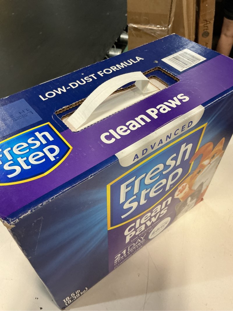 Condition photo showing As Is for fresh step advanced clean paws multi cat clumping cat litter with febreze freshness, low dust, odor control with ammonia block tech, compatible in automatic litter boxes, 37 lbs. (2 x 18.5 lb.) scented litter with the power of febreze™