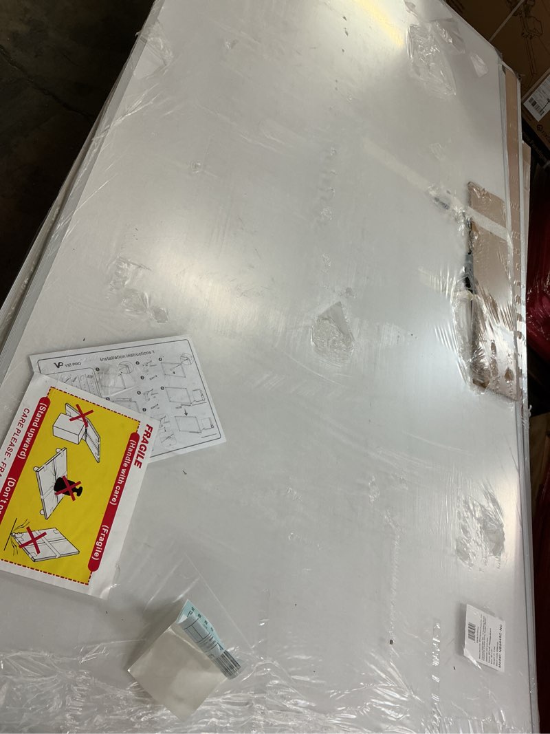 Condition photo showing As Is for viz-pro large cork bulletin board, 96 x 48 inches, wall-mounted corkboard with silver aluminium frame for school, office, and home 8' x 4'
