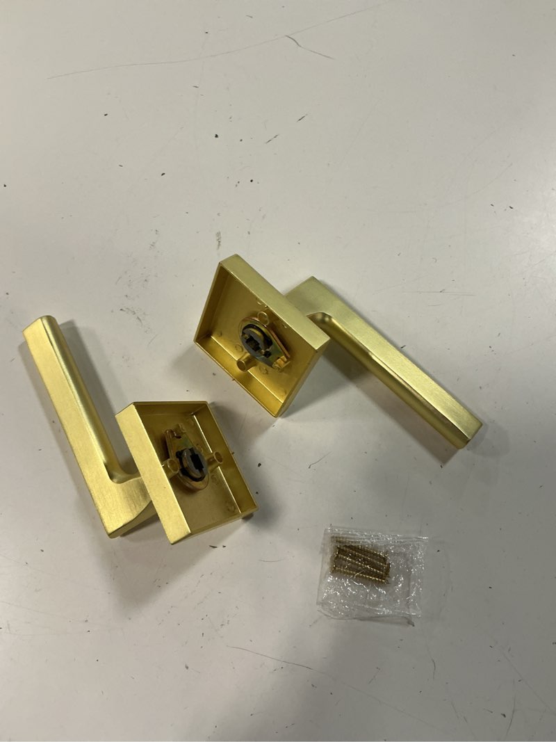 Condition photo showing As Is for goldenwarm gold door handles interior, zinc alloy heavy duty brushed gold interior door handles for bedroom bathroom, modern square privacy door levers (2 pack) privacy brushed gold 2