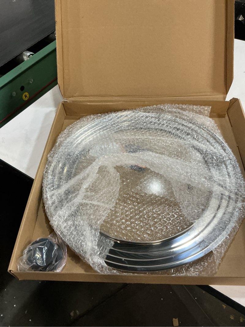 Condition photo showing New/Like New for 13-14-15 in universal pan lid, extra large stainless steel pot lid for pots, pans, skillets, replacement frying pan lid with heat resistant silicone knob, dishwasher safe 13", 14" & 15"