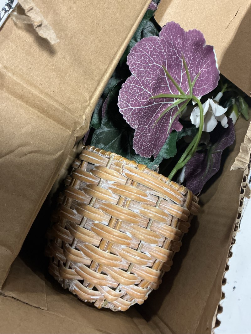 Condition photo showing Good Condition for briful artificial white geranium flowers in woven basket, 11’’ tall silk flower arrangement, realistic geraniums artificial outdoor plants for home indoor farmhouse table wedding centerpiece decor 11'' tall white, woven basin