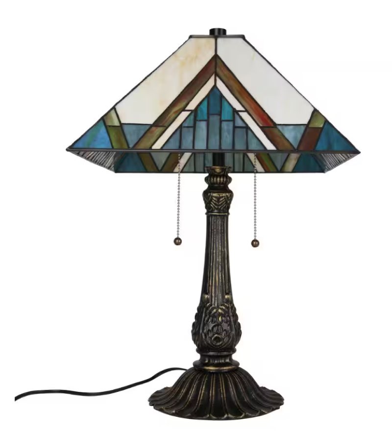  Tiffany 22 in. Blue White and Amber 2-Light Table Lamp with Stained Glass Shade