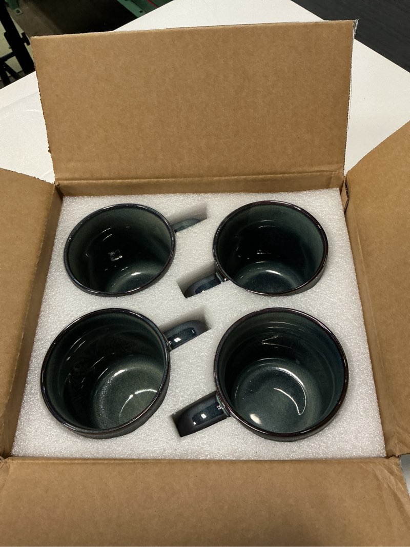 Condition photo showing New/Like New for large coffee mugs set of 4, 18oz handmade ceramic coffee mugs set with gradient color for latte/tea/beer/hot cocoa, dishwasher & microwave safe, space blue