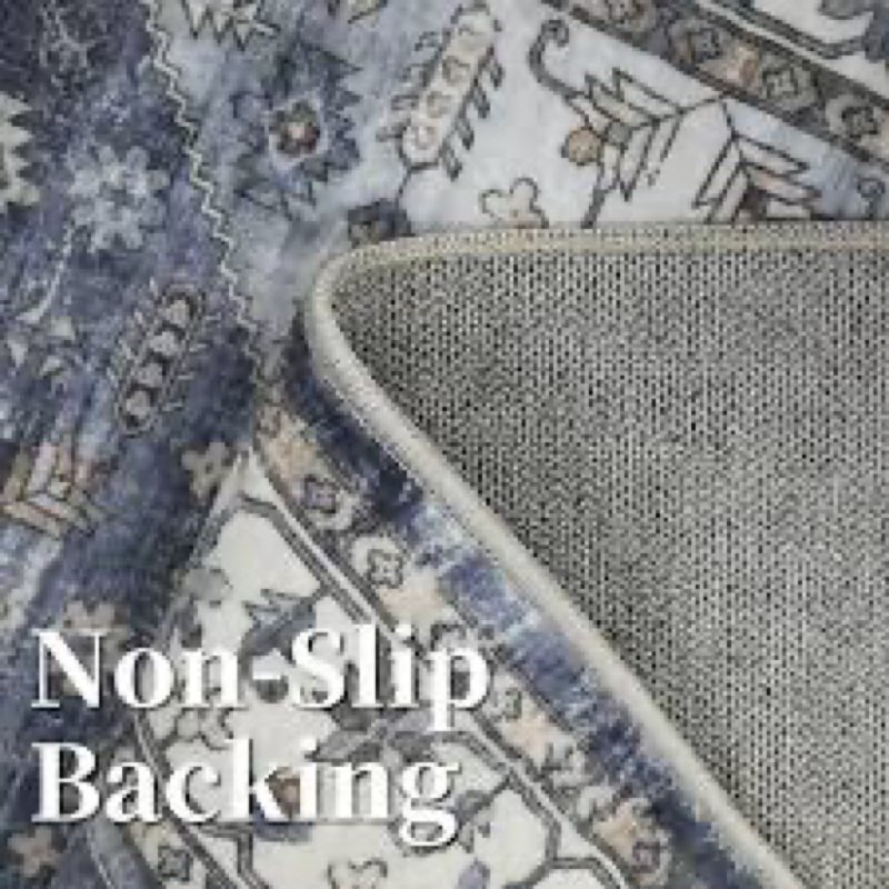 Tzou Area Rug 5x7 Washable Low-Pile Vintage Carpet for Living Room, Non-Slip Backing Non-Shedding Indoor Floor Mat for Home Office, Navy