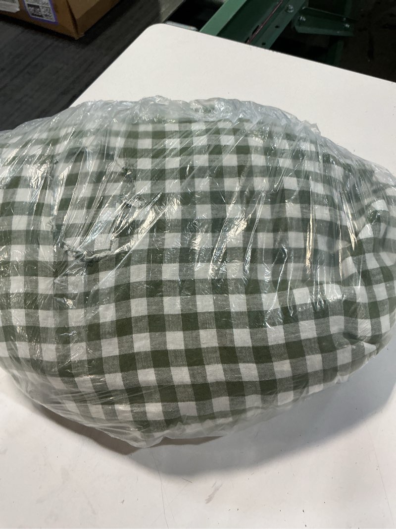 Condition photo showing As Is for european linen duvet cover, twin, olive gingham