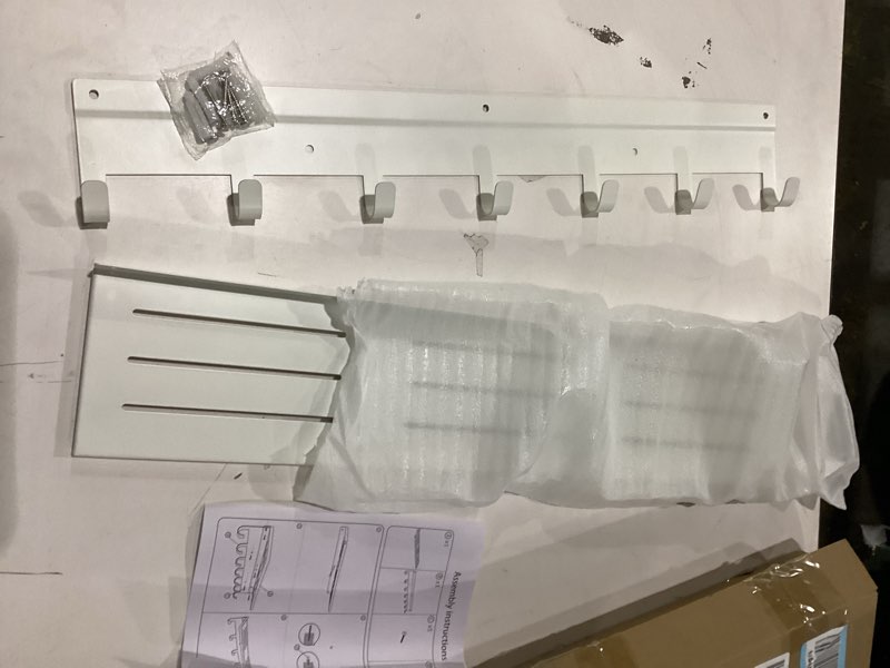 Condition photo showing As Is for Shelf with 7 Hooks, 23 Inch Entryway Coat Rack Wall Mounted, Metal Coat Hanger with Shelf Storage Clothes, Bags, Purse for Living Room, Balcony, Closet, White White 23 IN