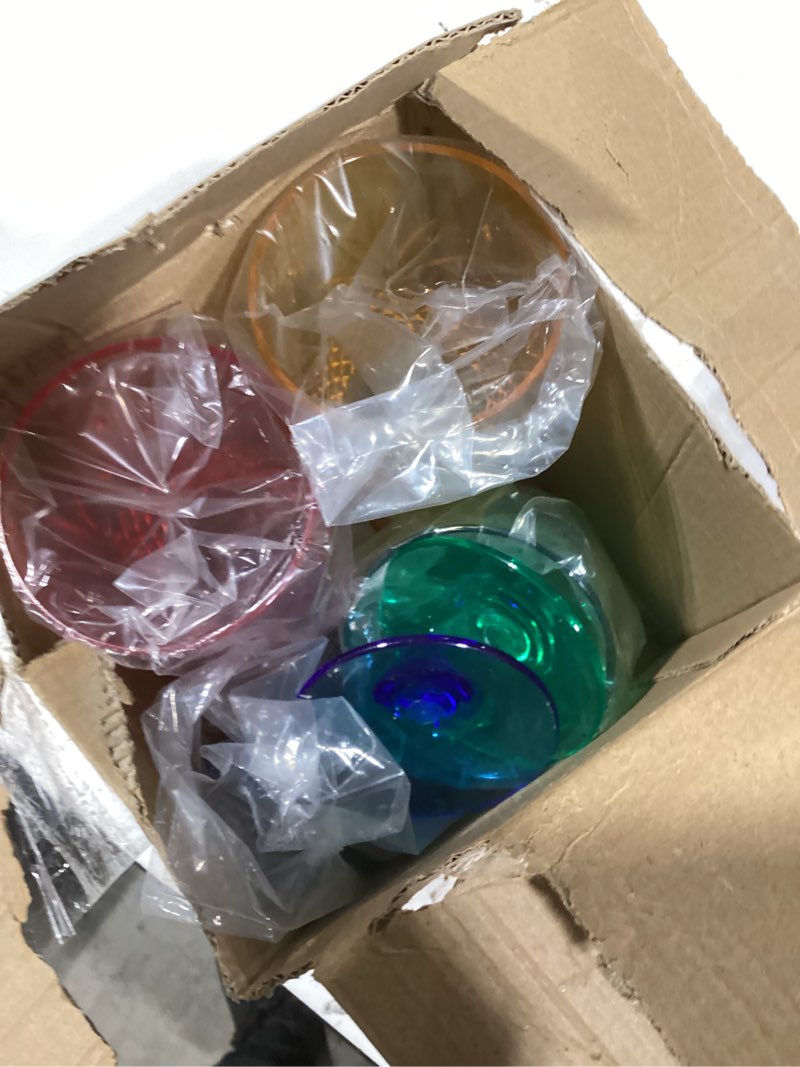 Condition photo showing As Is for shatterproof tritan stemmed fancy wine glasses goblets, resalable | 4 set | bright colors glass lookalike, crystal color acrylic drinkware, reusable unbreakable bpa-free plastic, outdoor & indoor 11oz colored