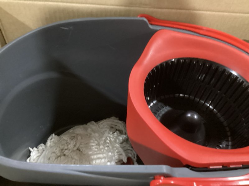 Condition photo showing As Is for o-cedar easywring microfiber spin mop, bucket floor cleaning system, red, gray, standard easywring spin mop & bucket