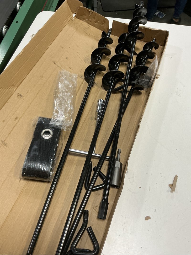 Condition photo showing Good Condition for phopich 26” long ground anchor, heavy duty earth anchors ground anchors screw in kit with t-handle hex wrench for camping tent, swing sets, securing animals, sheds, trampoline black 4pack-26”