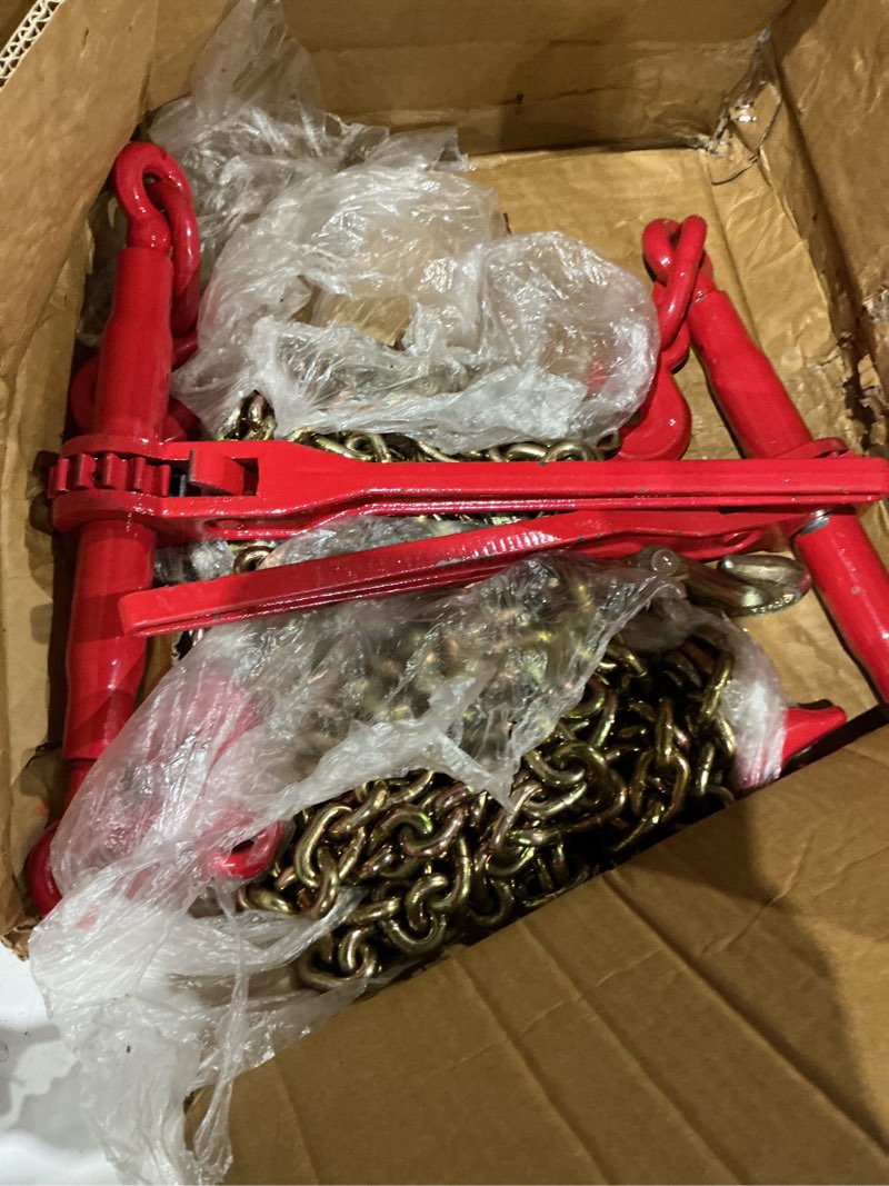 Condition photo showing As Is for load binder & grade 70 chain kit, 5/16" x 10 ft transport chains with folding handle binders, 4,700 lb working load, 2 pack