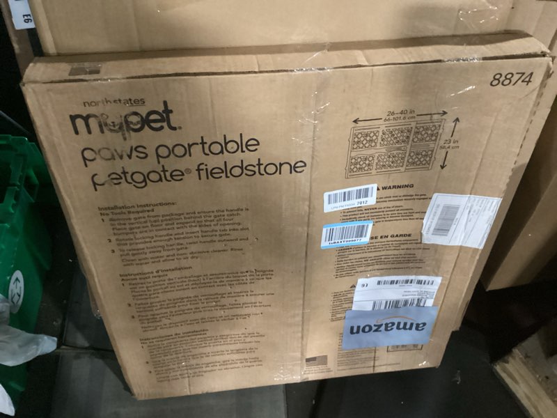 Condition photo showing New/Like New for mypet north states paws portable pet gate: 26-40" wide. pressure mount. no tools needed. made in usa, 23" tall, expandable, durable dog gates for doorways, fieldstone gray