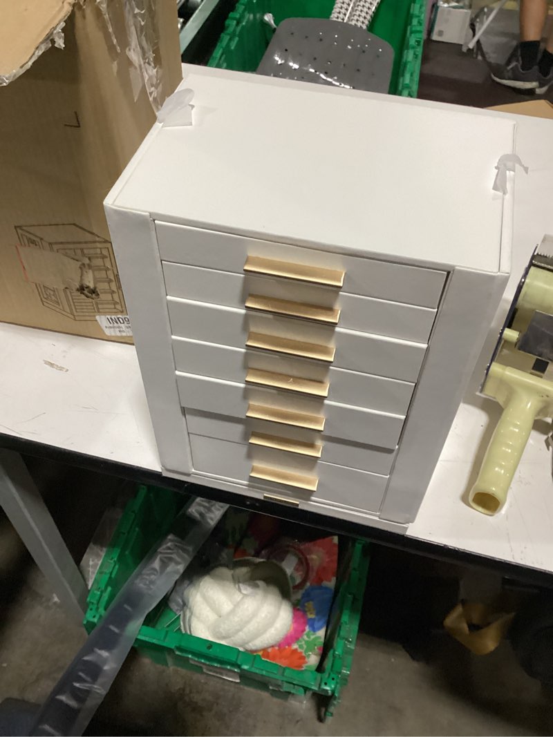 Condition photo showing New/Like New for 360° rotating jewelry box with 7 drawers, spacious vertical jewelry organizer with glass window, jewelry storage case, dustproof & moisture-resistant design, white 7 drawers (6.2"d x 9.2"w x 12.7"h) white