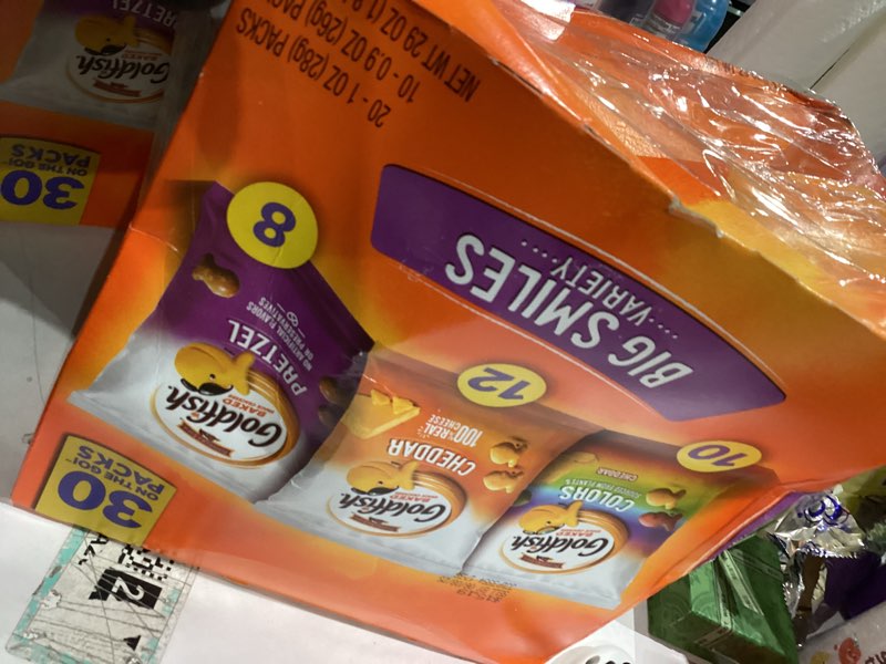 Condition photo showing Good Condition for Goldfish Crackers Big Smiles Variety Pack with Cheddar, Colors, and Pretzels, Snack Packs, 30 Ct
