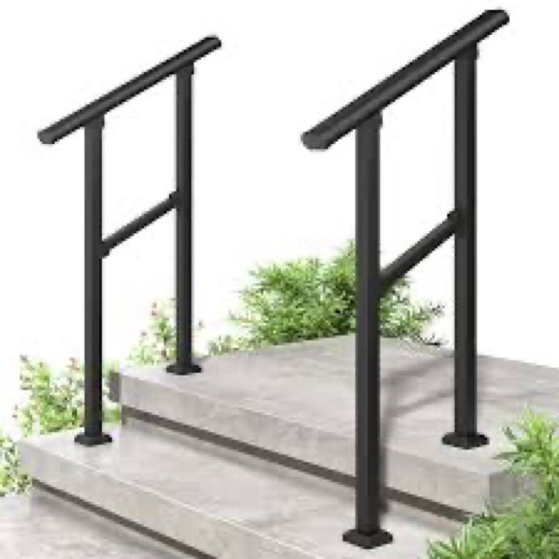 roomtec 2 pack 2 step handrails for outdoor steps, safety outdoor handrails for exterior steps, black stair railing kit (1-2 steps handrail)