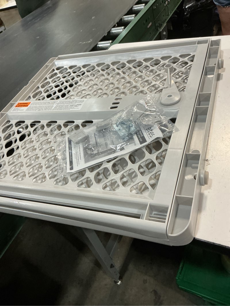 Condition photo showing Good Condition for mypet universal pet gate: 26” - 42” wide dog gate for doorways with pressure fit or swinging door hardware mounting types included: 26" tall; gray