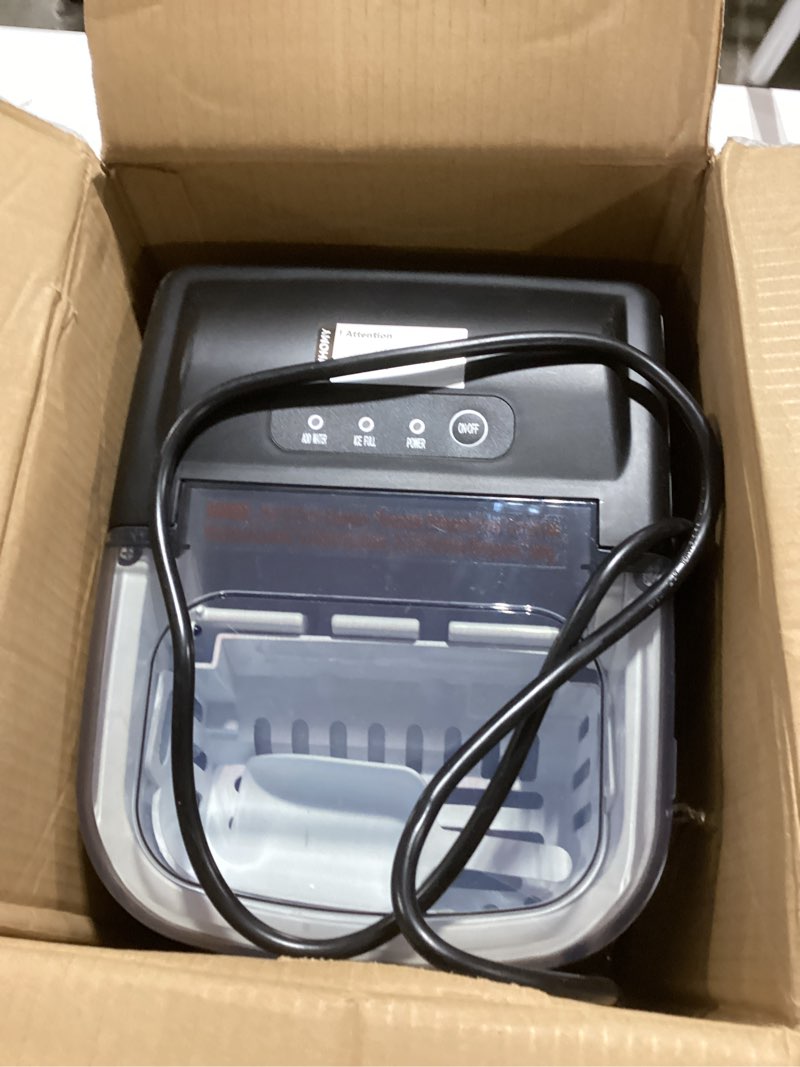 Condition photo showing Good Condition for EUHOMY Countertop Ice Maker Machine with Handle, 26lbs in 24Hrs, 9 Ice Cubes Ready in 6 Mins, Auto-Cleaning Portable Ice Maker with Basket and Scoop, for Home/Kitchen/Camping/RV. (Black) ICE MACHINE 11.57"D x 11.42"W x 8.74"H Black